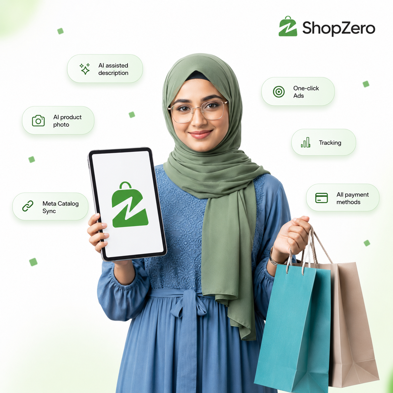 ShopZero merchant with AI listings, Meta catalog sync, one-click ads, tracking, and local payments